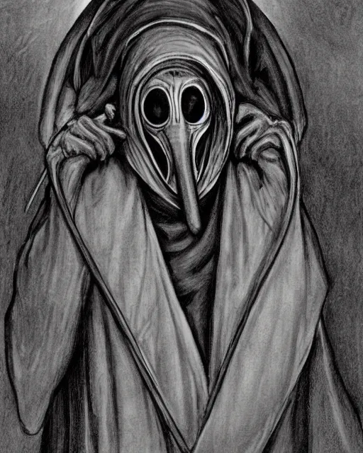 Prompt: portrait a plague doctor holding his mask, mask in hand, black robes, detailed art by greg rukowtski