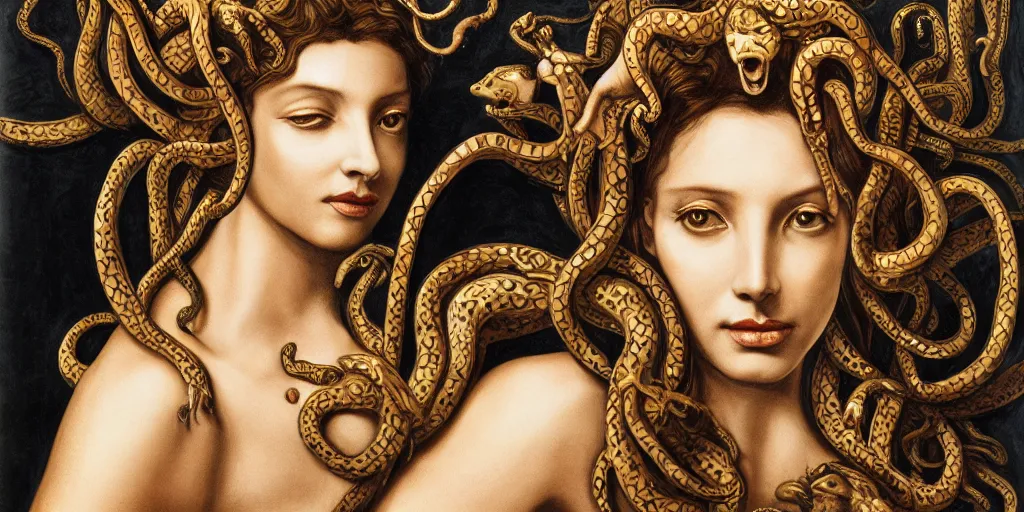 Image similar to realistic portrait of beautiful medusa with her snakes, golden, delicate, facing camera, hyper realism, 1 4 5 0, ink, ultra realistic, 8 k