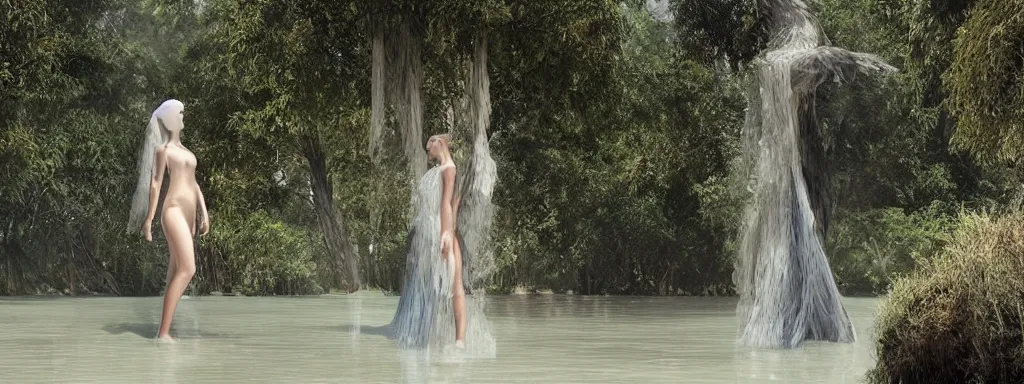 Image similar to tall elegant woman made entirely of water, emerging from kanchanaburi river thailand, like concept art on artstation, vfx, hyperdetailed, vray render, octane render,