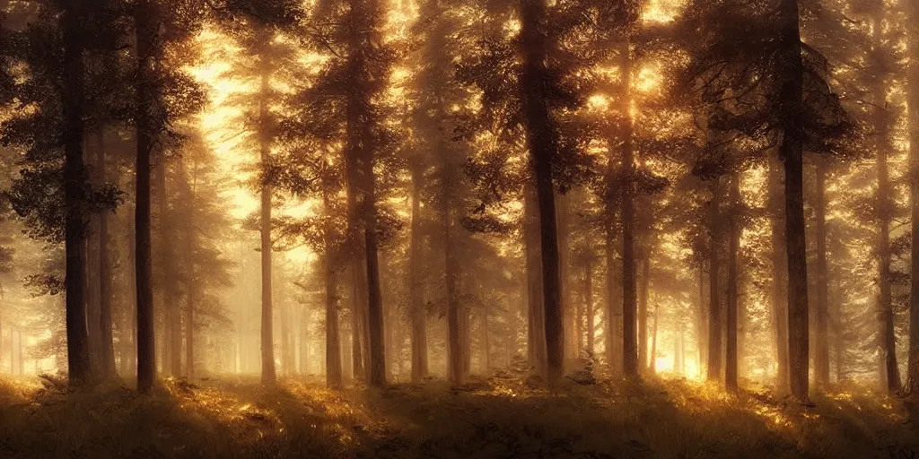 Image similar to swedish forest, dawn, hazy, fog, golden hour, sunlight, beautiful!!!!!!!!!, greg rutkowski, cinematic, atmospheric