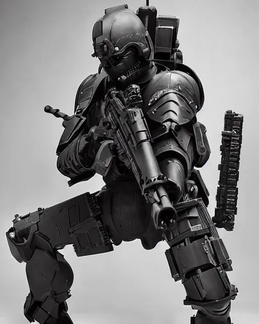 Prompt: Korean Actor Park Solomon as Kazuki Fuse in Live Action Jin Roh: The Wolf Brigade, wearing full armor holding his MG 42 machine Gun, Studio Lighting, Mamoru Ushii