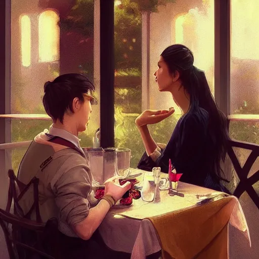 Prompt: a dinner date with the girl next door, slice of life, modern, realistic,!! looking at the camera!!, solo, first person pov, enjoying life!!! elegant, highly detailed, digital painting, artstation, concept art, matte, sharp focus, illustration, art by artgerm and greg rutkowski and alphonse mucha