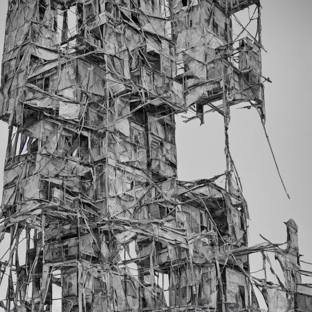 Image similar to close - up view of a large tower, made up of suspended makeshift squatter shacks, faded colours, neutral sky, dystopia, canon 5 d markiii, very detailed, ultra sharp, photographed by ansel adams