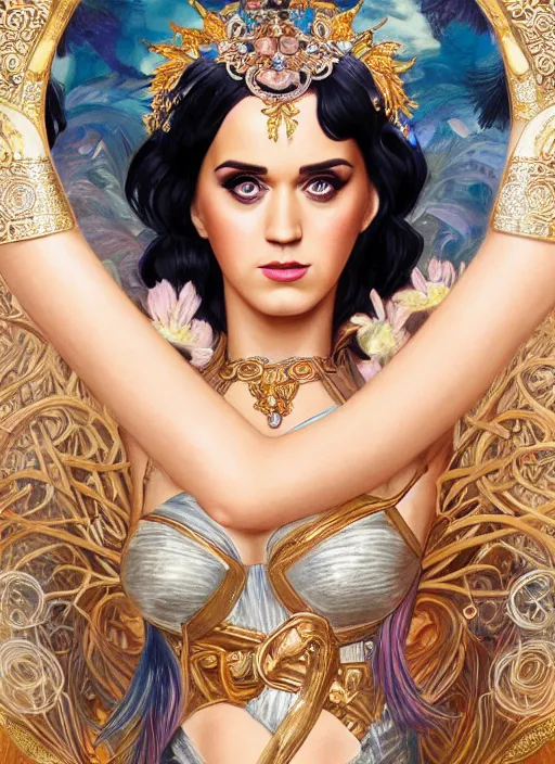 Prompt: Katy Perry as a Greek Goddess, beautiful detailed eyes, cute, fantasy, intricate, elegant, highly detailed, digital painting, 4k, HDR, concept art, detailed jewelry, smooth, sharp focus, illustration, art by Artgerm, H R Giger and Alphonse Mucha