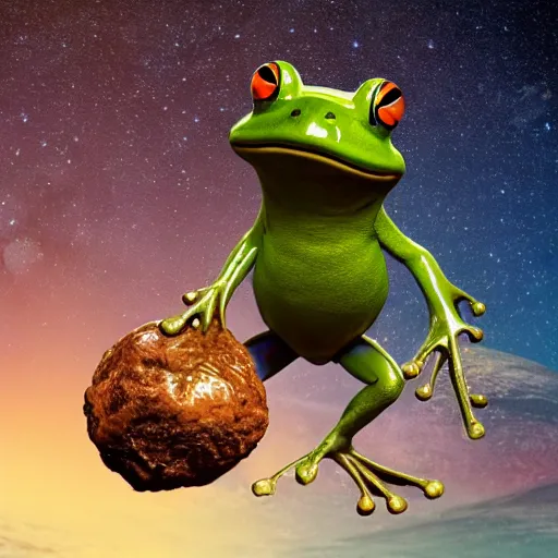 Image similar to a photo of a frog with muscles standing on two feet and lifting planet earth on its hands