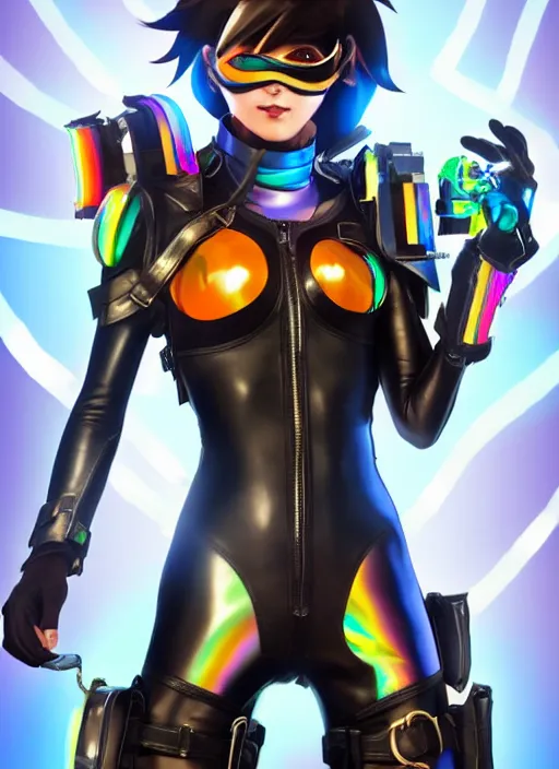 Prompt: full body digital artwork of tracer overwatch, wearing black iridescent rainbow latex, 4 k, expressive happy smug expression, makeup, in style of mark arian, wearing detailed black leather collar, wearing sleek armor, black leather harness, detailed face and eyes,