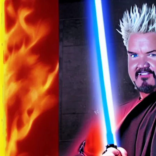 Image similar to Guy Fieri in Star Wars Revenge of the Sith, Jedi Knight, blue light saber, movie still, cinematic, kodak 2383, 55mm lens