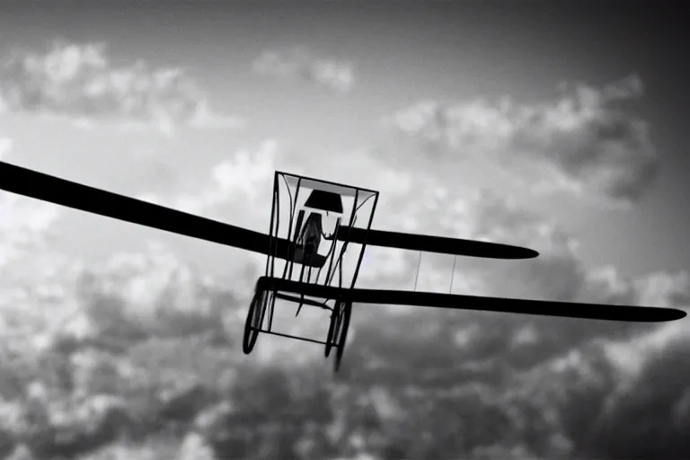 Image similar to still photo of the wright brothers flying airplane for the first time, black and white color photograph, highly detailed, photorealistic shot, bright studio setting, studio lighting, crisp quality and light reflections, unreal engine 5 quality render