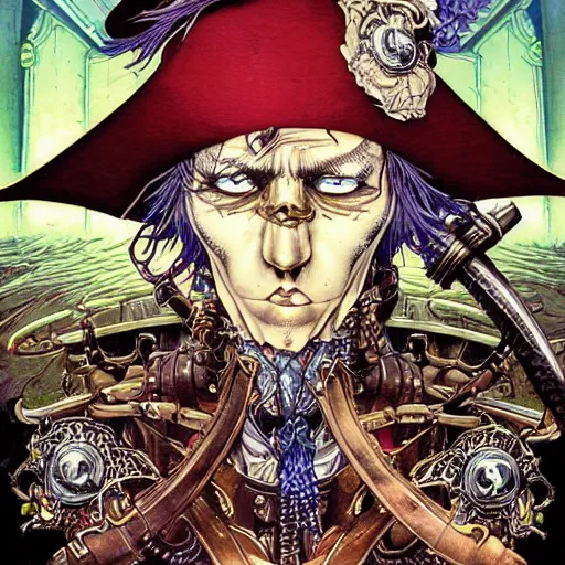 Image similar to portrait of crazy pirate, symmetrical, by yoichi hatakenaka, masamune shirow, josan gonzales and dan mumford, ayami kojima, takato yamamoto, barclay shaw, karol bak, yukito kishiro