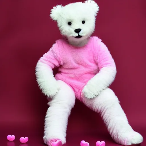 Image similar to a cute white teddy bear with pink ears wearing a pink cheetah print leotard