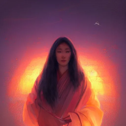 Prompt: semi semi realistic digital painting!! portrait of beautiful geisha flying over a lake filed with molten gold, volume lighting, concept art, by greg rutkowski, dramatic, xray melting colors!!