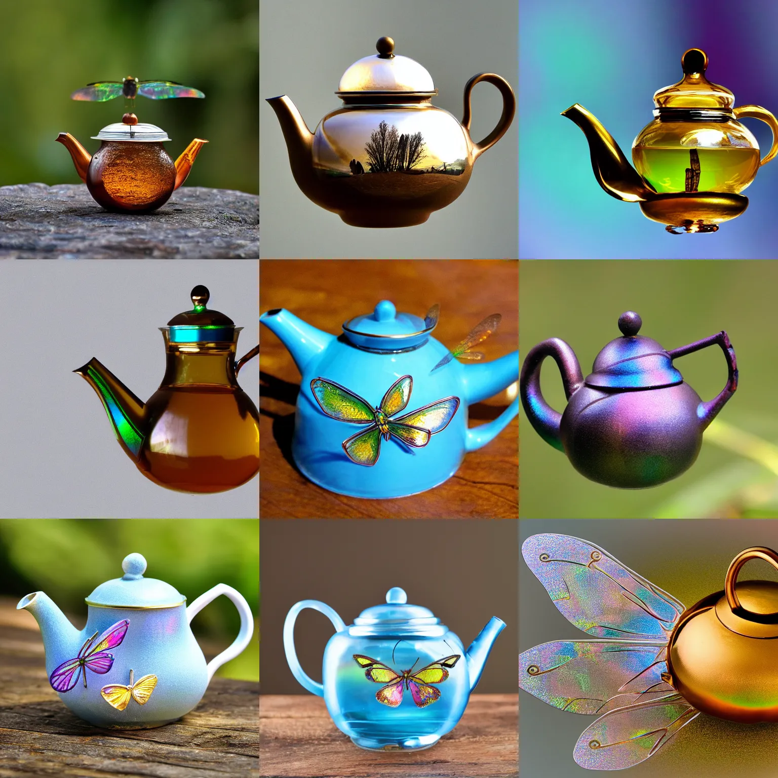 Prompt: Nature photo of a teapot-shaped flying teapot-Dragonfly-teapot pouring tea with iridescent gossamer wings