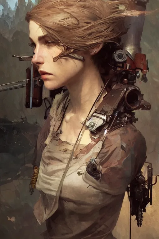 Image similar to A full portrait of a beautiful post apocalyptic American explorer, intricate, elegant, highly detailed, digital painting, artstation, concept art, smooth, sharp focus, illustration, art by Krenz Cushart and Artem Demura and alphonse mucha