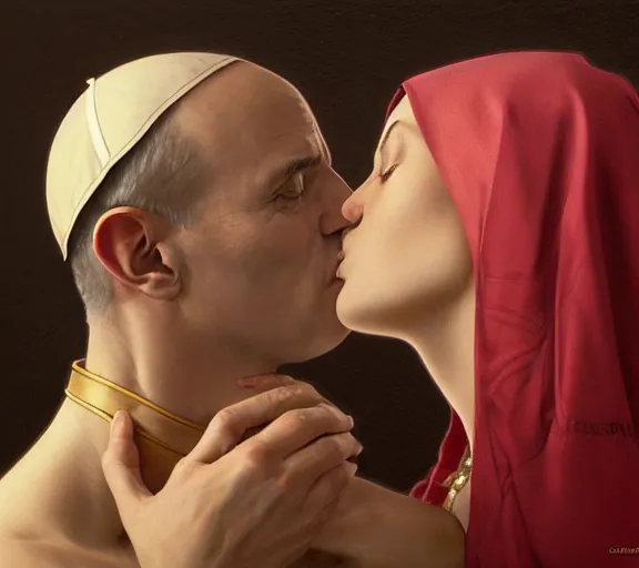 Image similar to photography of a pope kissing the breast of a sensual woman, deep focus, intricate, elegant, highly detailed, digital painting, artstation, concept art, matte, sharp focus, illustration, art by artgerm and greg rutkowski and alphonse mucha