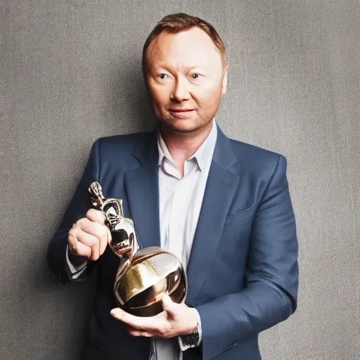Image similar to limmy brian limond holding bafta award, realistic, long shot, dramatic lighting, hyper realistic, high quality, highly detailed, hd, beautiful, cinematic, 8 k, facial accuracy, symmetrical,