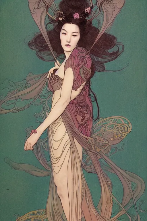 Prompt: full length portrait of a beautiful mysterious chinese fairy, no hands, by eve ventrue, michael carson, andreas rochas, john watkiss, casey weldon, artgerm. art nouveau. tarot card by mucha. gloomhaven. swirly intricate linework background. gaudy colors, sharp edges. octane render