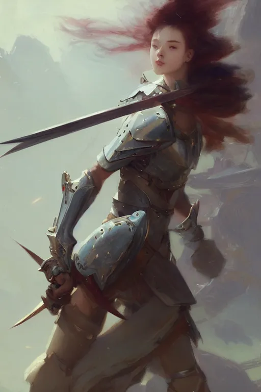 Image similar to girl with armor fighting with ten sword flying around her by hsiao ron cheng, by gaston bussiere, anna nikonova aka newmilky, greg rutkowski, yoji shinkawa, yoshitaka amano, trending on artstation, featured on pixiv, cinematic composition, 8 k