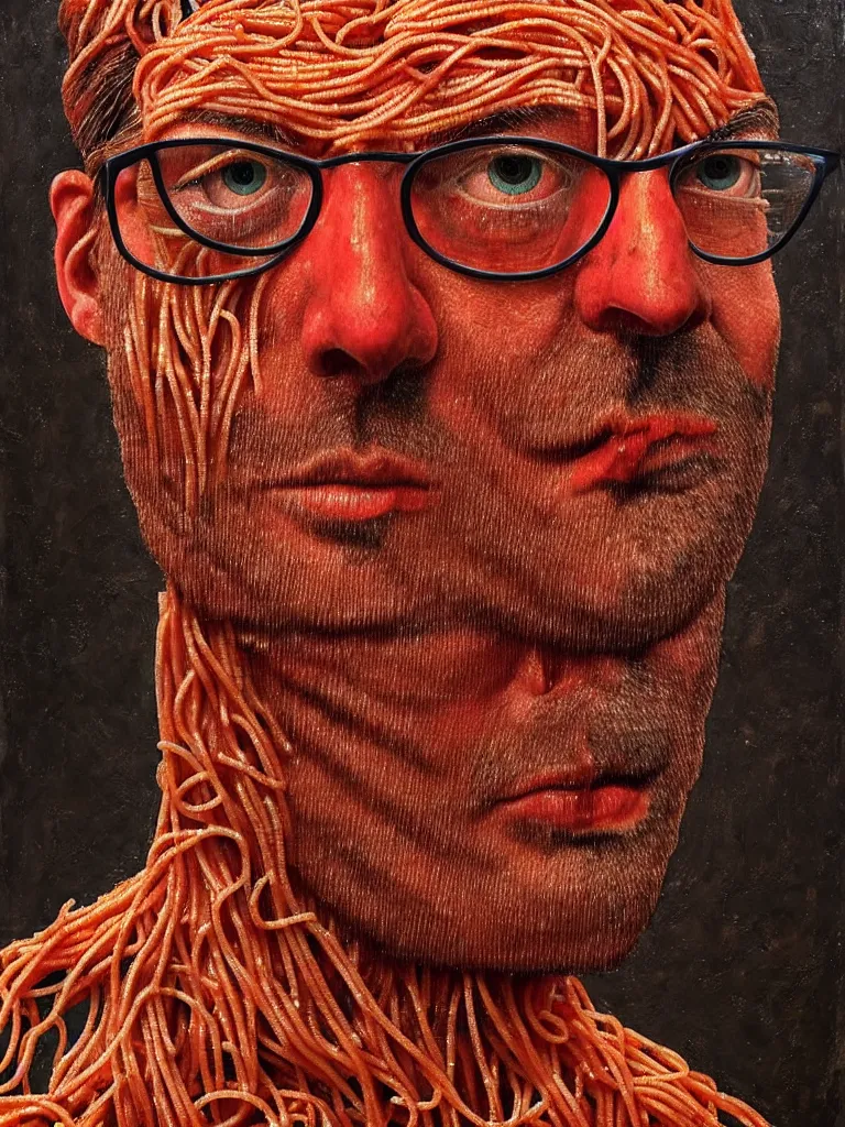 Image similar to jurgen klopp made of spaghetti and tomato sauce, by giuseppe arcimboldo and ambrosius benson, renaissance, intricate and intense oil paint, a touch of beksinski and hr giger and edward munch, realistic