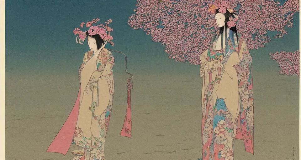 Image similar to a young asian woman with traditional korean robes walking on the sand in the desert, thousand flowers on her head, ultradetailed fantastic castles in the distance, japanese art, korean art, illustration in the style of moebius, miyazaki, alphone mucha, hokusai