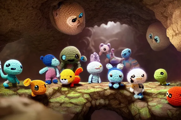 Prompt: an expedition of crochet cute animals discovering a new cave underground. cute, illustration, digital art, inspired by little big planet, by greg rutkowski, detailed, sharp, masterpiece, highly detailed, photorealistic, octane render, 8 k, unreal engine 5, trending on artstation, vivid colors