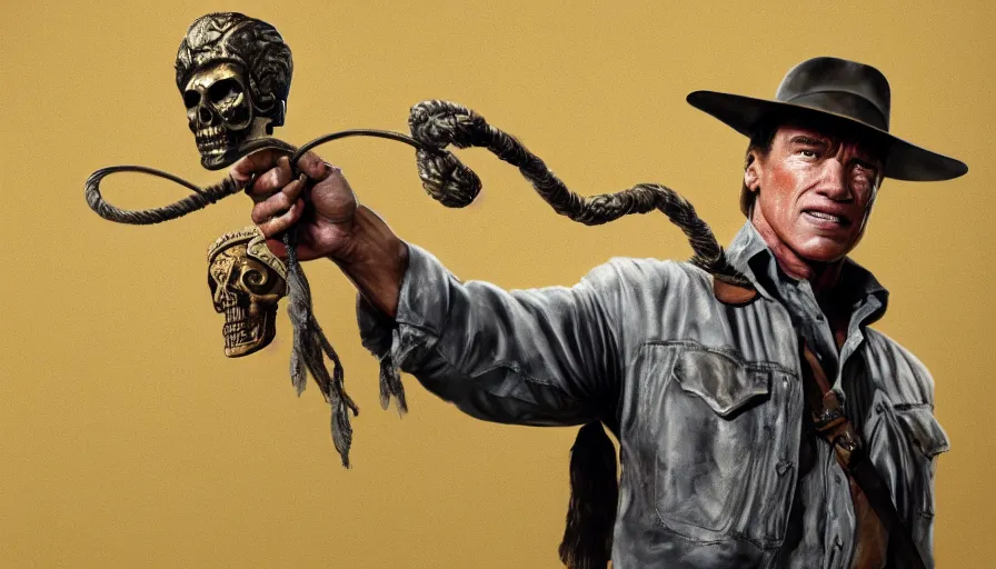 Image similar to arnold schwarzenegger as indiana jones holding a whip in left hand and holding a golden mayan skull in the right hand, grey background, hyperdetailed, artstation, cgsociety, 8 k