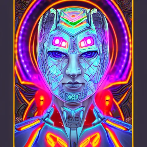 Prompt: portrait of a future metaverse cyborg tech shaman warrior, 2D cartoon, visionary art, symmetric, Magick symbols, holy halo, shipibo patterns, sci-fi, concept art, trending on art station