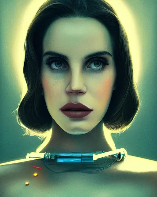 Image similar to portrait of lana del rey as a cyborg. intricate abstract. intricate artwork, by tooth wu, wlop, beeple, dan mumford. concept art, octane render, trending on artstation, greg rutkowski very coherent symmetrical artwork. cinematic, key art, hyper realism, high detail, octane render, 8 k, iridescent accents