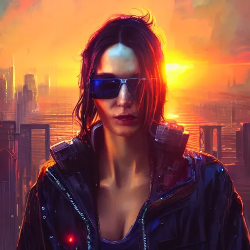 Prompt: cyberpunk, portrait of a beautiful cyberpunk woman, sunglasses, shag hair, sunset, cyberpunk city background, megacity, gorgeous view, dramatic light, depth, high detail, digital art, painted by greg rutkowski, neuromancer, trending on artstation