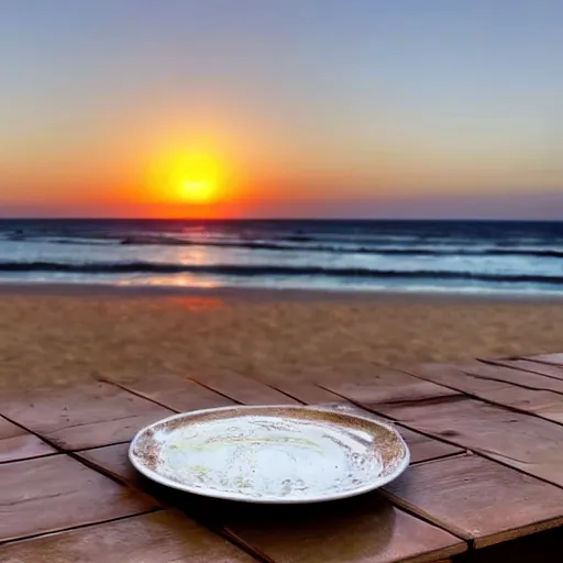 Image similar to photo of a white dish over a table with a sunset on the beach in the background