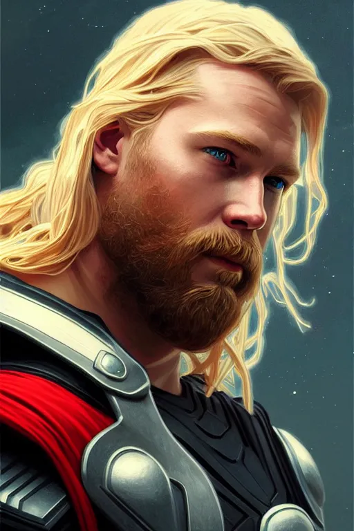 Prompt: Thor Odinson, fantasy, portrait, sharp focus, intricate, elegant, digital painting, artstation, matte, highly detailed, concept art, illustration, ambient lighting, art by ilya kuvshinov, artgerm, Alphonse mucha, and Greg Rutkowski