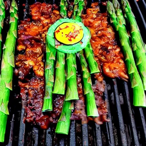 Prompt: A dragon made out of asparagus flying towards a grill that looks like a castle sunset anime colorful