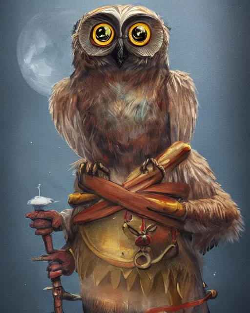 Prompt: High Fantasy whimsical portrait painting of a wise humanoid owl with a human shaped body, talon claws for feet, leg high, wearing an apron, wearing fantasy clothing, cgsociety, trending on artstation, dnd