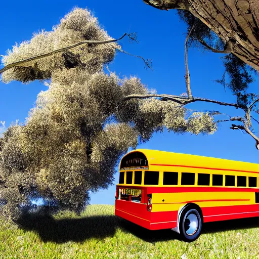 Prompt: photograph of a school bus stuck in a tree. extremely detailed. 4 k