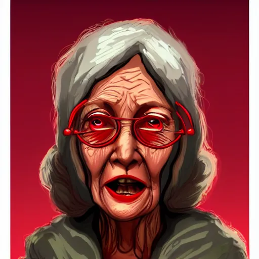 Image similar to An old lady with red skin, red skin, red skinned, in the style of Disco Elysium, Disco Elysium, Disco Elysium artwork, simple, concept art