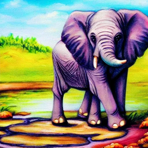 Prompt: baby elephant drinking from a pond, children's book style, colourful, painterly, high quality, very very beautiful, professional