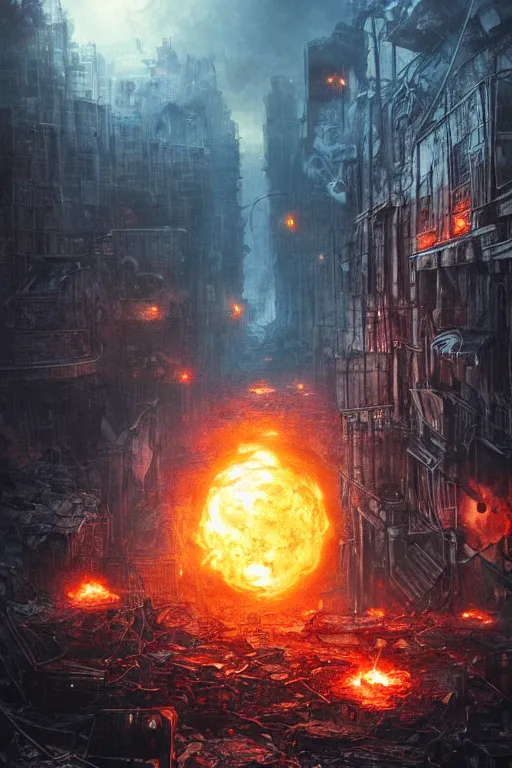 Image similar to Cybernetic Robotic Fire Orb Floating above a destroyed city street, fantasy, metropolis, magic, digital illustration by Seb McKinnon and David Romero