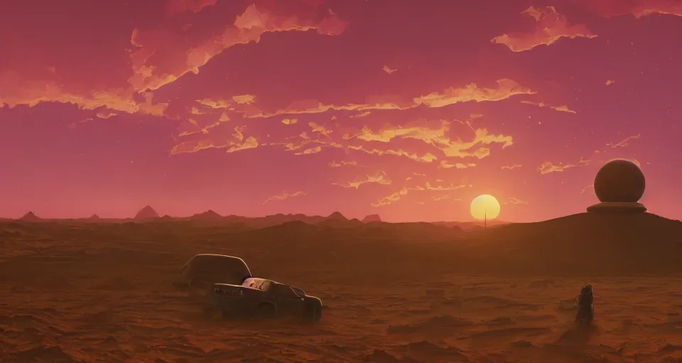 Prompt: Double Sunset over a desert, large twin sunset, cinematic, rendered by simon stålenhag, rendered by Beeple, Makoto Shinkai, syd meade, inspired by Gundam, environment concept, digital art, unreal engine, 3 point perspective, WLOP, trending on artstation, low level, 4K UHD image, octane render,