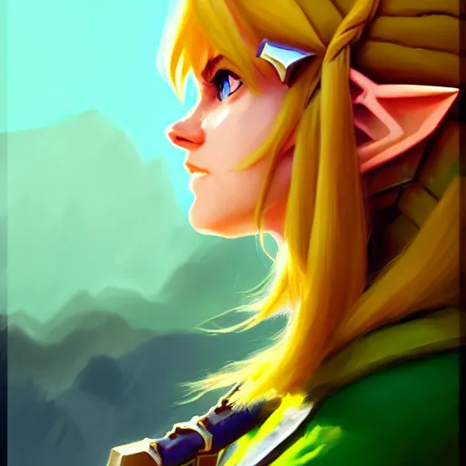 Image similar to portrait of a female Link from legend of Zelda, medium shot, asymmetrical, profile picture, Organic Painting, sunny day, Matte Painting, bold shapes, hard edges, street art, trending on artstation, by Greg Manchess and Huang Guangjian and Gil Elvgren and Sachin Teng