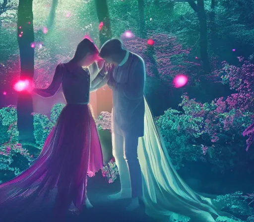 Image similar to people being together in a magical dream world, beautiful colors, cinematic lighting