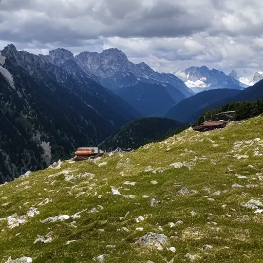 Prompt: took this pic of a zeppelin while hiking in the alps