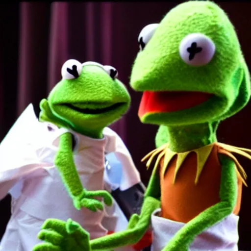 Prompt: Kermit the frog performing heart surgery photo 4k