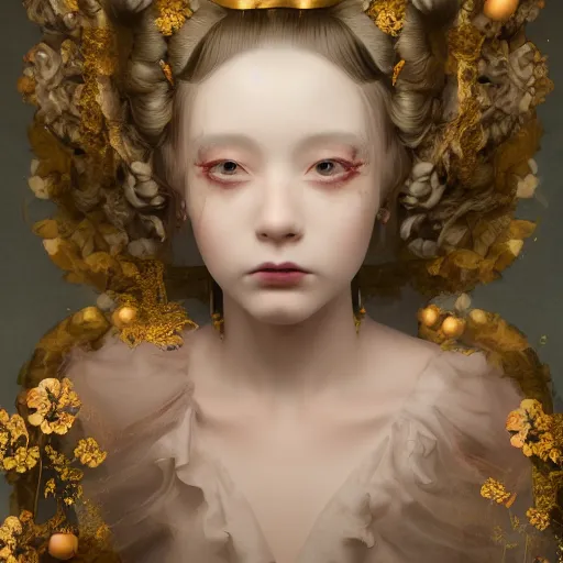 Image similar to 8k, octane render, realism, tonalism, renaissance, rococo, baroque, portrait of a young lady wearing long harajuku manga dress with flowers and skulls, background chaotic gold leaf flowers