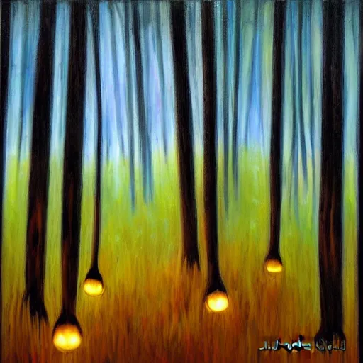 Prompt: forest at night with floating lights by Julie Bell