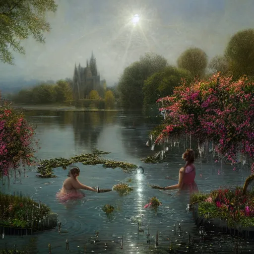 Prompt: Glittering jellyfish are flying over the sparkling pond, behind the flowers on the shore is a gothic castle, and an ice sculpture castle can be seen in the sky by appointment, by Daniel Ridgway Knights and Hugh Kretschmer, light through the mist, dramatic lighting, photorealistic, cinematic lighting, high detail, cinematic feel, high octane, 4K, Unreal Engine, digital render, intricate, ultra realistic, trending on artstation W 1024