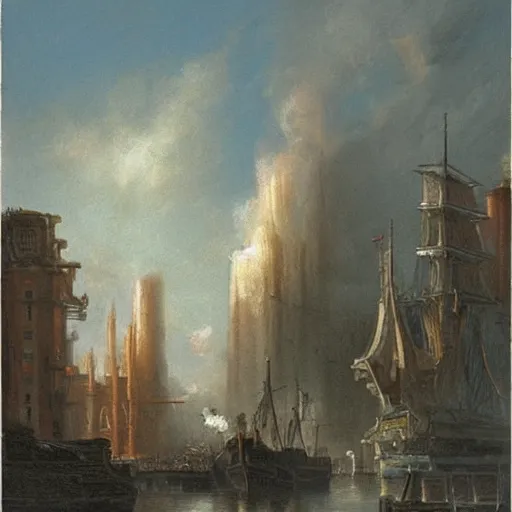 Image similar to by john harris ordered, saturated. a drawing of a tall ship sailing through a cityscape. the ship is adorned with intricate details, while the cityscape is filled with towering palaces & other grand buildings.