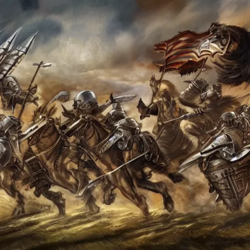 Image similar to Warrior cats riding large wardogs into battle, steampunk weapons and armour