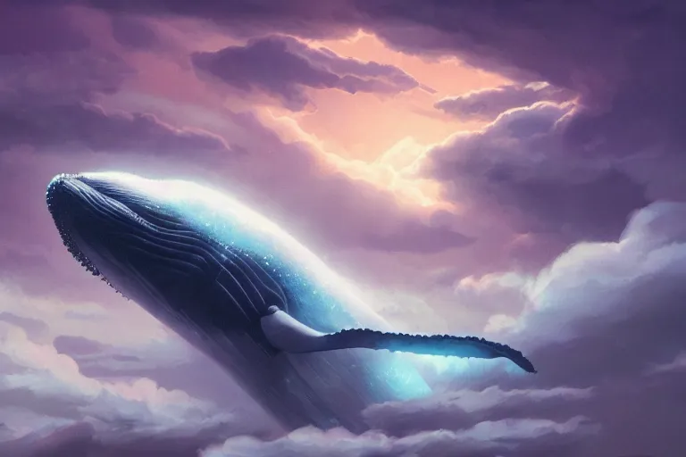 Image similar to whale flying through clouds, cinematic lighting, bioluminescent, dan mumford, artgerm, greg rutkowski, artstation