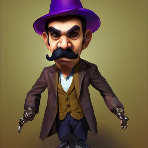 Prompt: beautifully rendered, masterpiece, caricature, claymation, luis guzman as waluigi, painted by tom lovell, wlop, artgerm, dishonored 2,