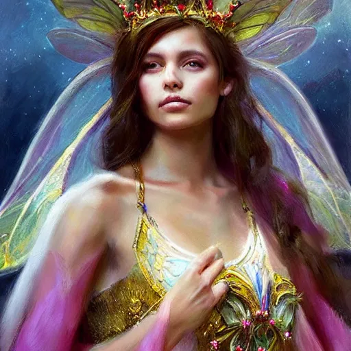 Image similar to hyperrealist portrait of a fairy girl emperorit is decorated with long robes that fall like stars and wears a huge crown. by daniel f. gerhartz, fantasy art, photo realistic, dynamic lighting