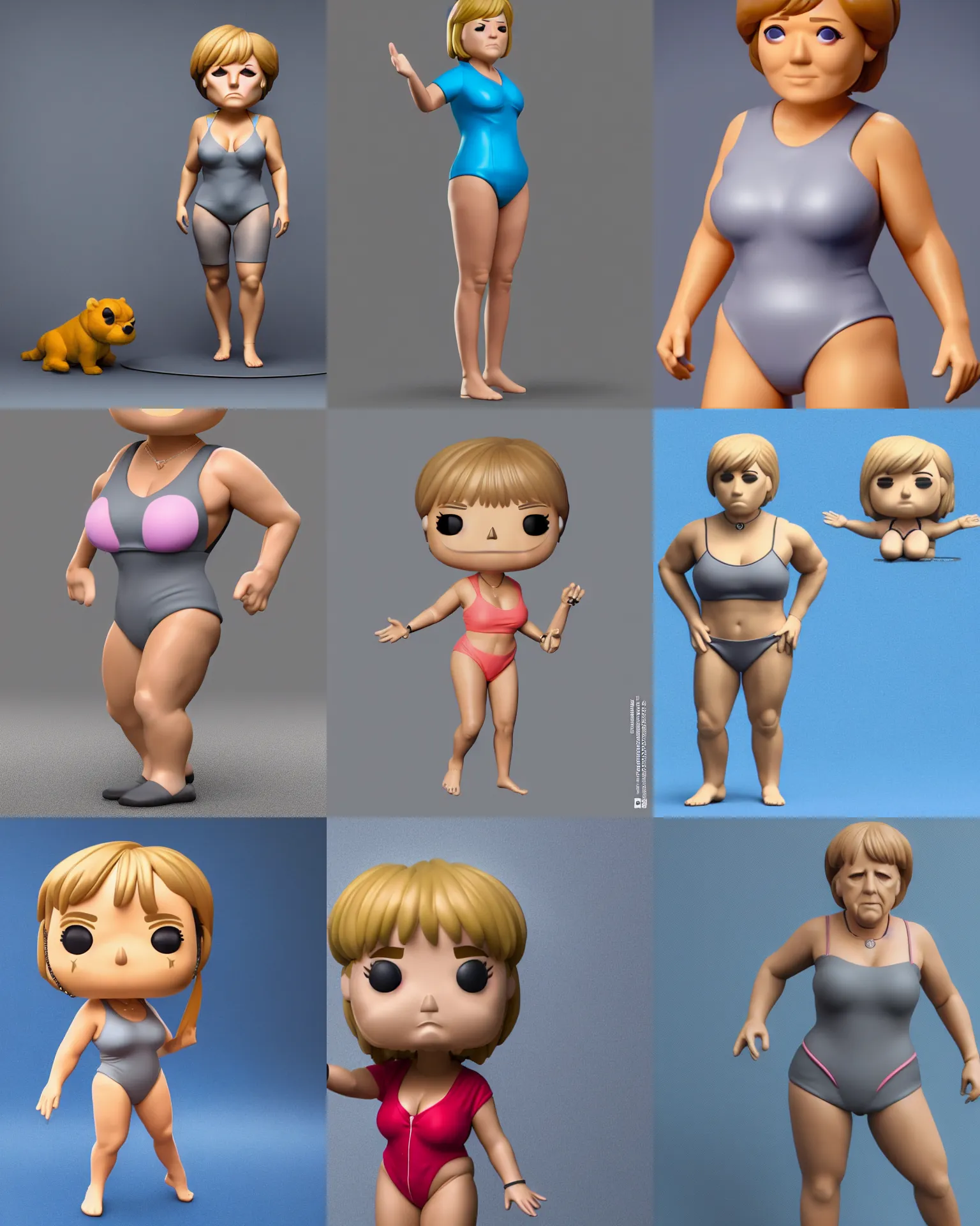 Prompt: full body 3 d render of angela merkel as a funko pop!, swim suit outfit, studio lighting, grey background, single body, no shadow, blender, trending on artstation, 8 k, highly detailed